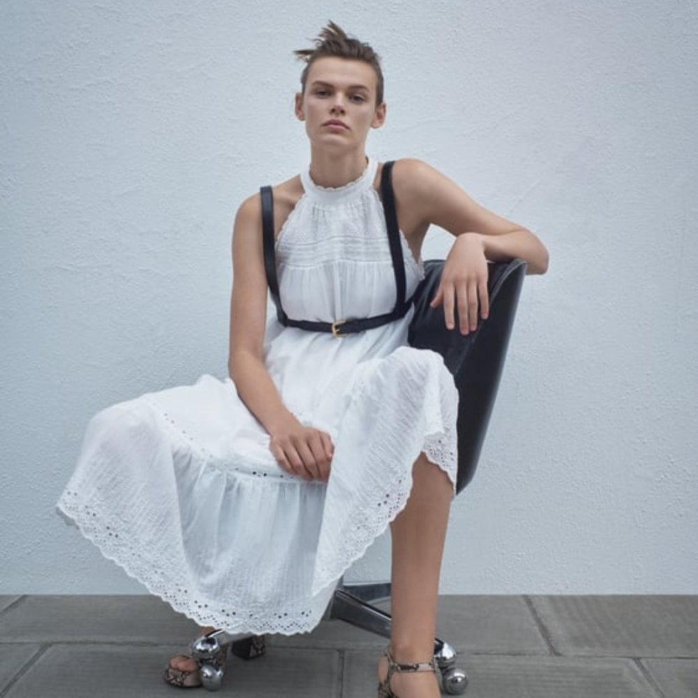 Zara White Tiered Eyelet Midi Dress with Black Harness Detail - Picture 3 of 8